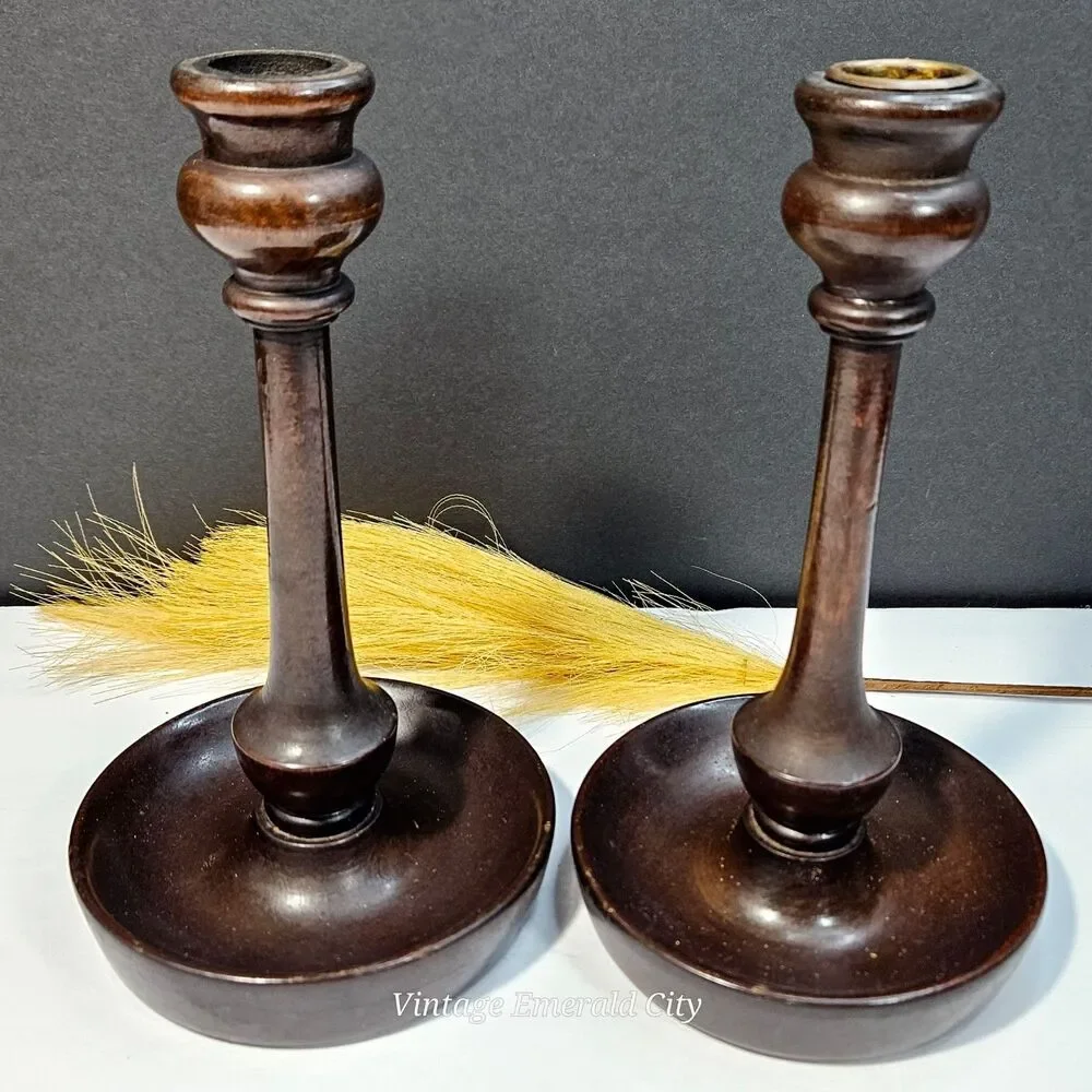 Vtg Candle Holders Turned Wood Set of 2 Brass Inserts Felted Base 9 inch READ